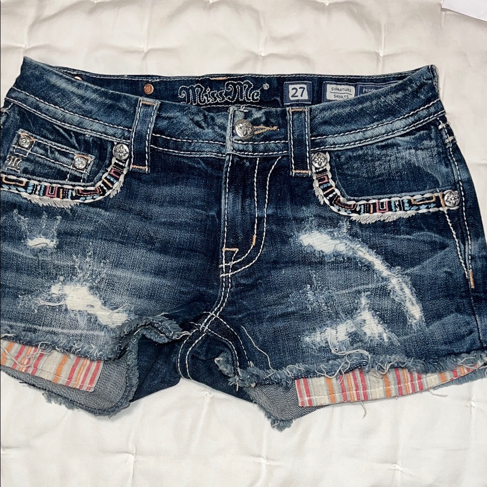 Miss Me Blue Distressed Jean Shorts with Frayed Hem